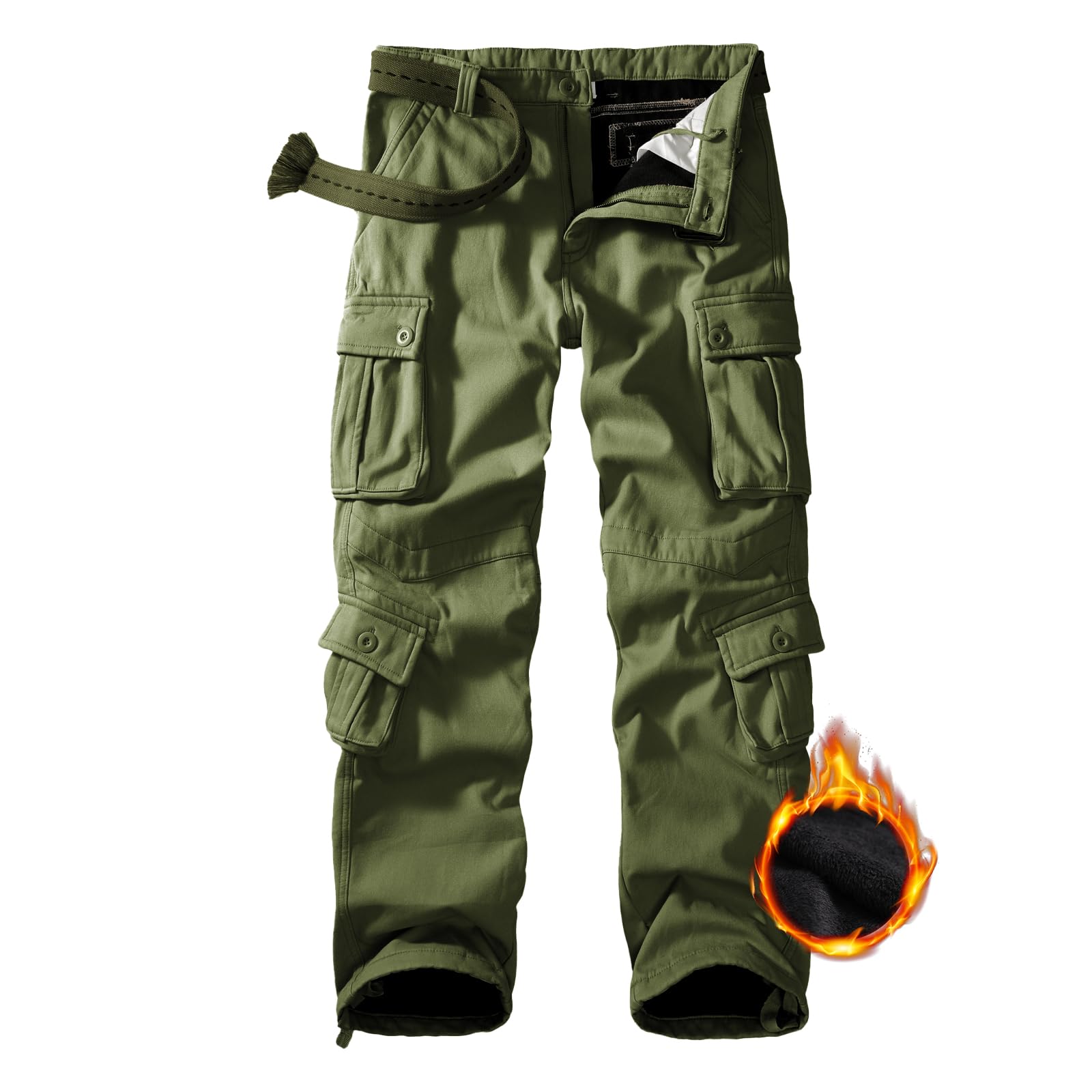 Men's Fleece Lined Hiking Pants, Winter Camo Cargo Pants Army Casual Work Ski Pants for Men with 8 Pockets No Belt