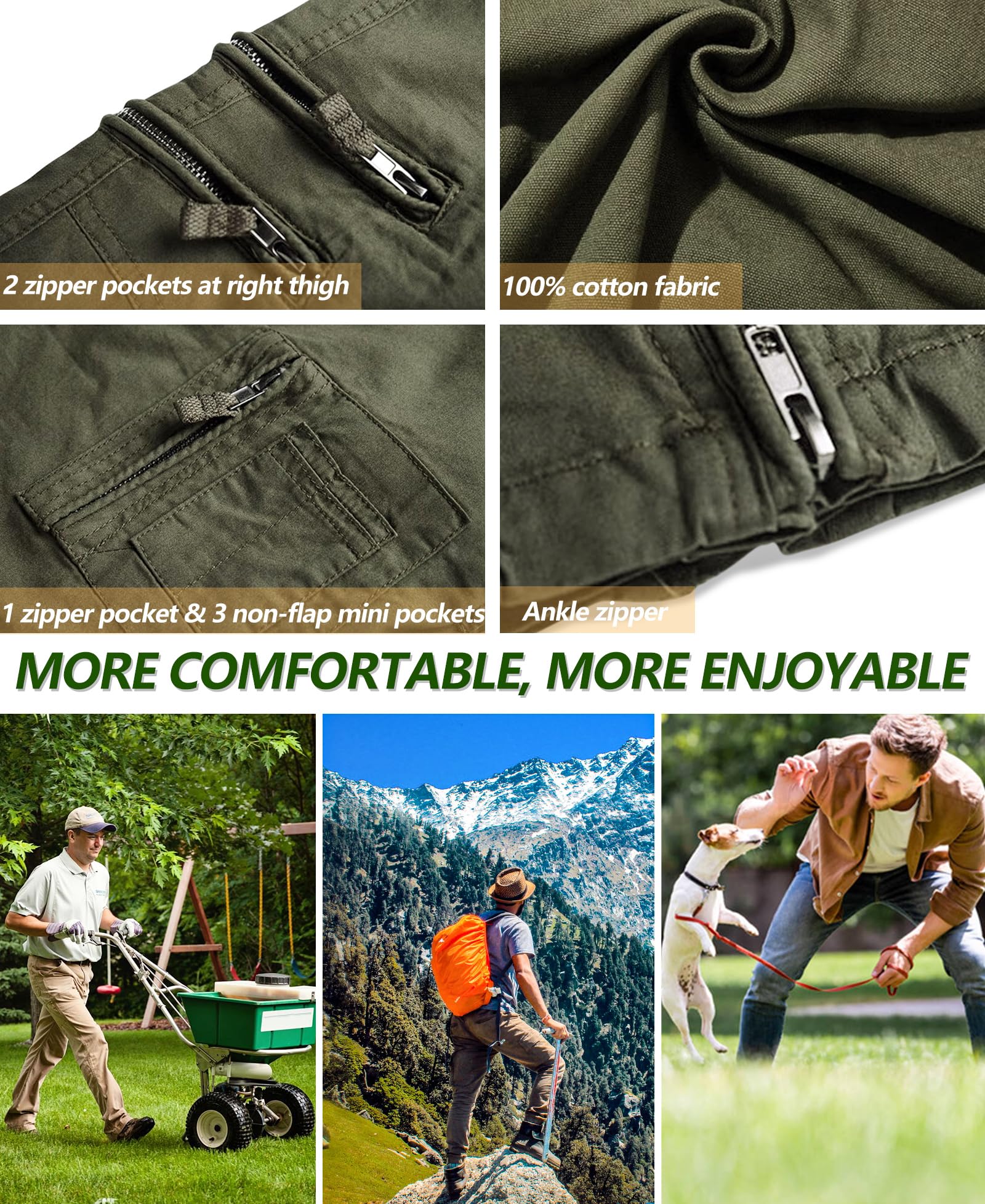 Cargo Pants for Men, Work Travel Casual Pants with Multi Zipper Pockets
