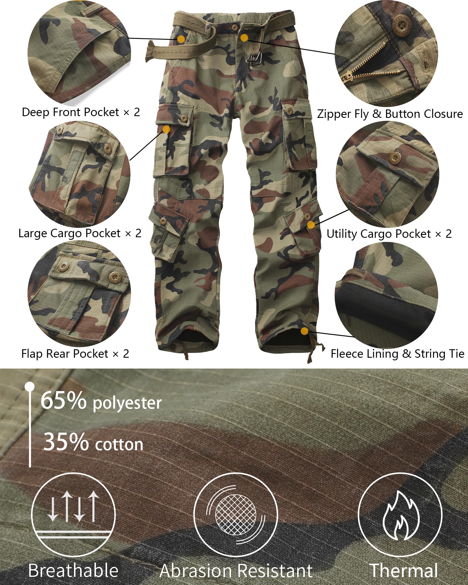 Men's Fleece Lined Camo Hiking Tactical Ripstop Pants Winter Outdoor Work Cargo Pants with 8Pockets No Belt