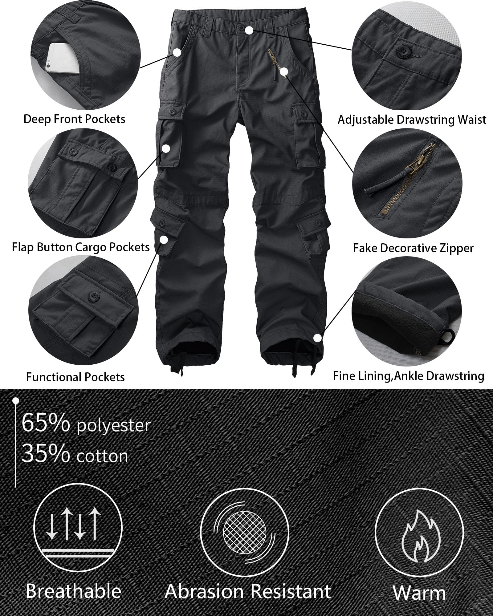 Men's Fleece Lined Camo Hiking Tactical Ripstop Pants Winter Outdoor Work Cargo Pants with 8Pockets No Belt
