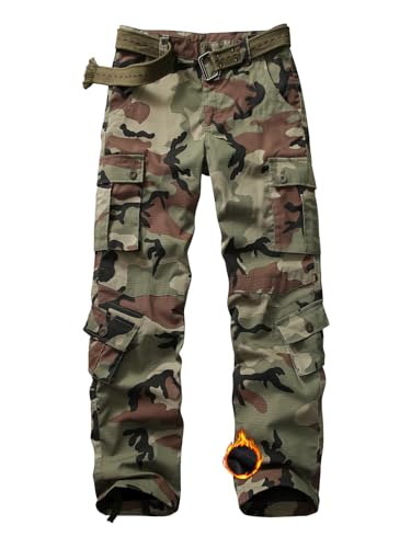 Men's Fleece Lined Camo Hiking Tactical Ripstop Pants Winter Outdoor Work Cargo Pants with 8Pockets No Belt