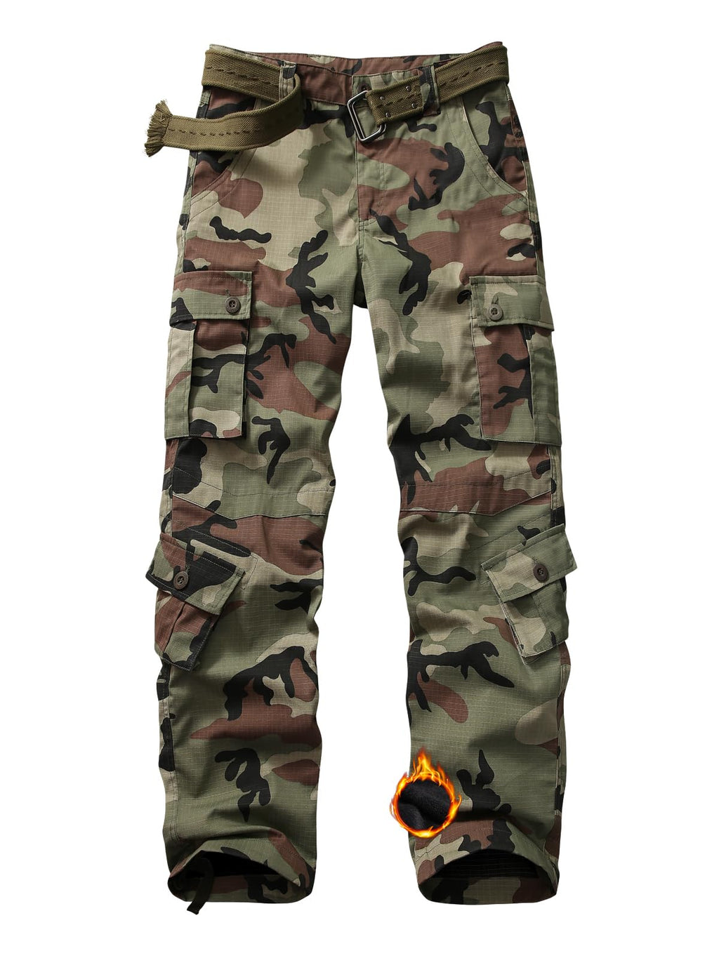 Men's Fleece Lined Camo Hiking Tactical Ripstop Pants Winter Outdoor Work Cargo Pants with 8Pockets No Belt