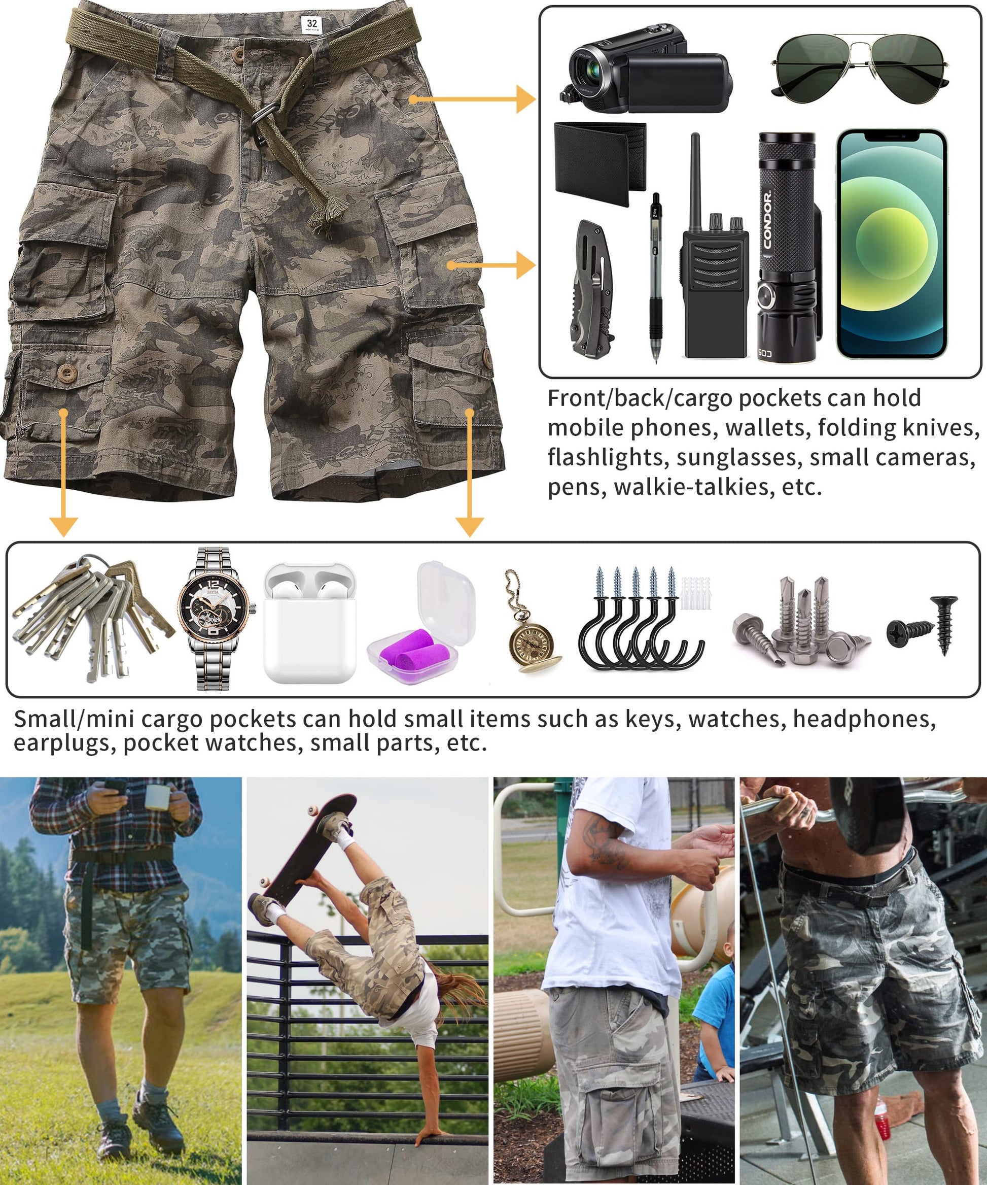 Cargo Short for Men Relaxed Fit Camo Outdoor Hiking Work Cotton Casual Shorts with 9 Pockets No Belt