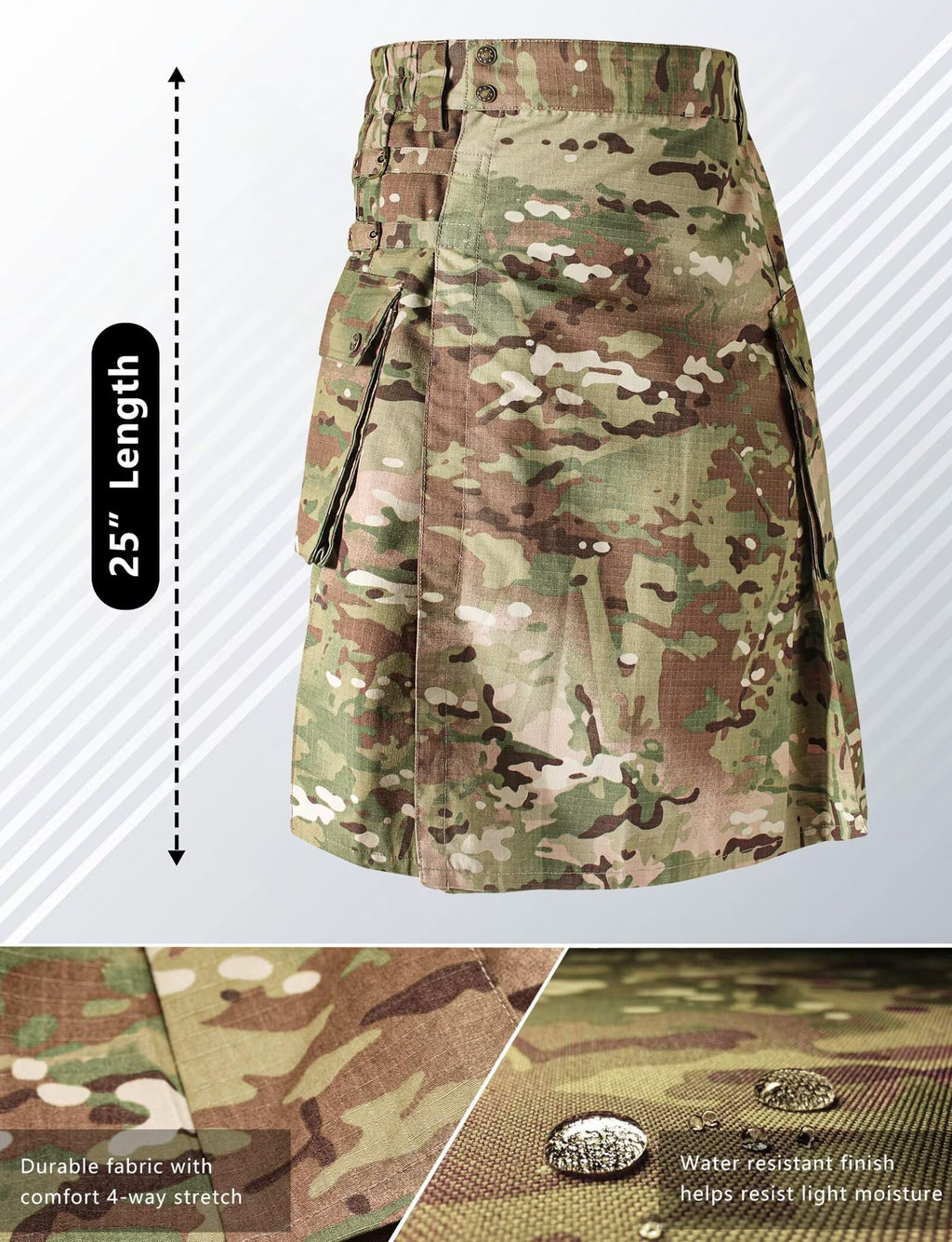 Men's Camo Scottish Outdoor Utility Kilt - 23" Length Pleated Tactical Irish Hybrid Kilt With Pockets