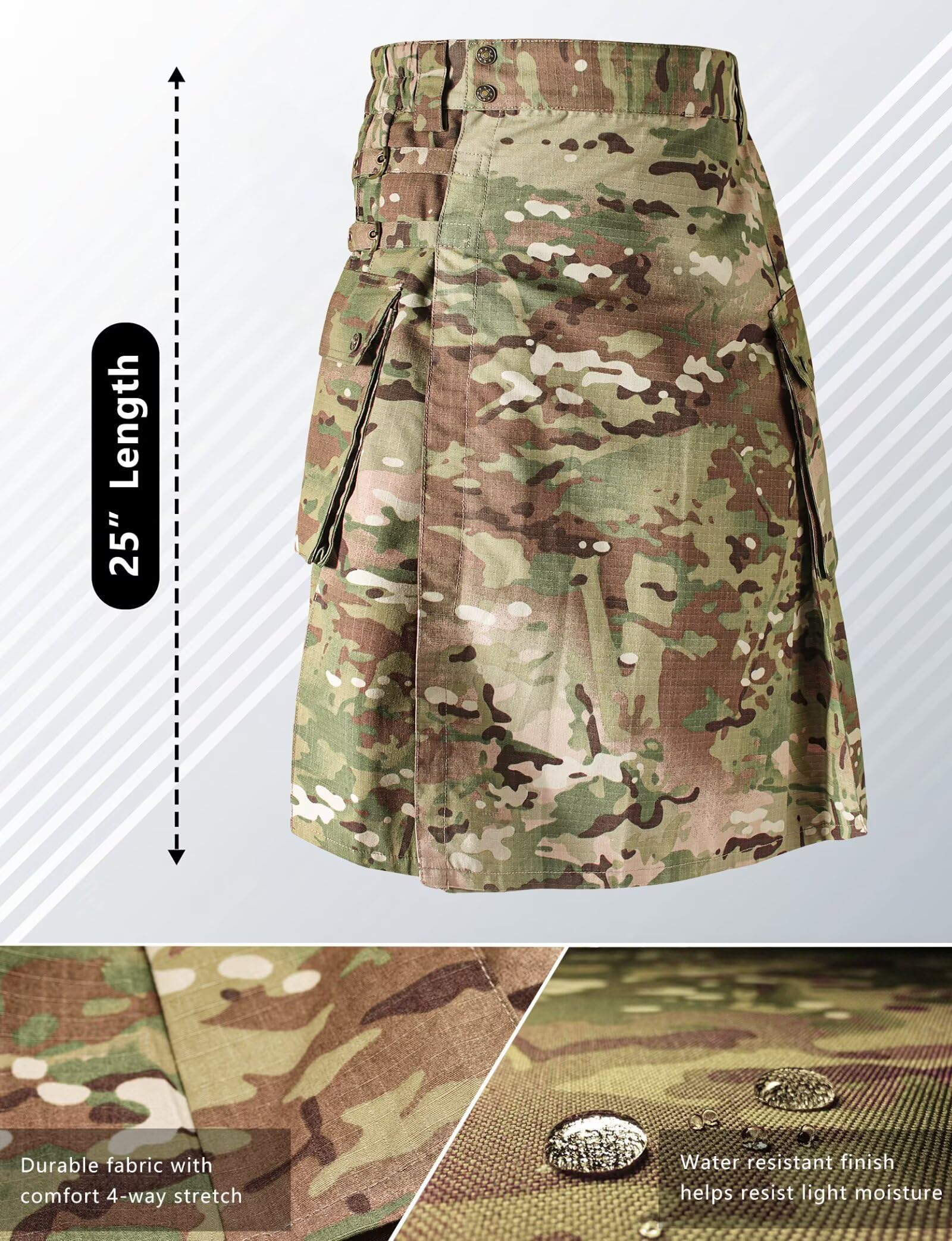 Men's Camo Scottish Outdoor Utility Kilt - 23" Length Pleated Tactical Irish Hybrid Kilt With Pockets