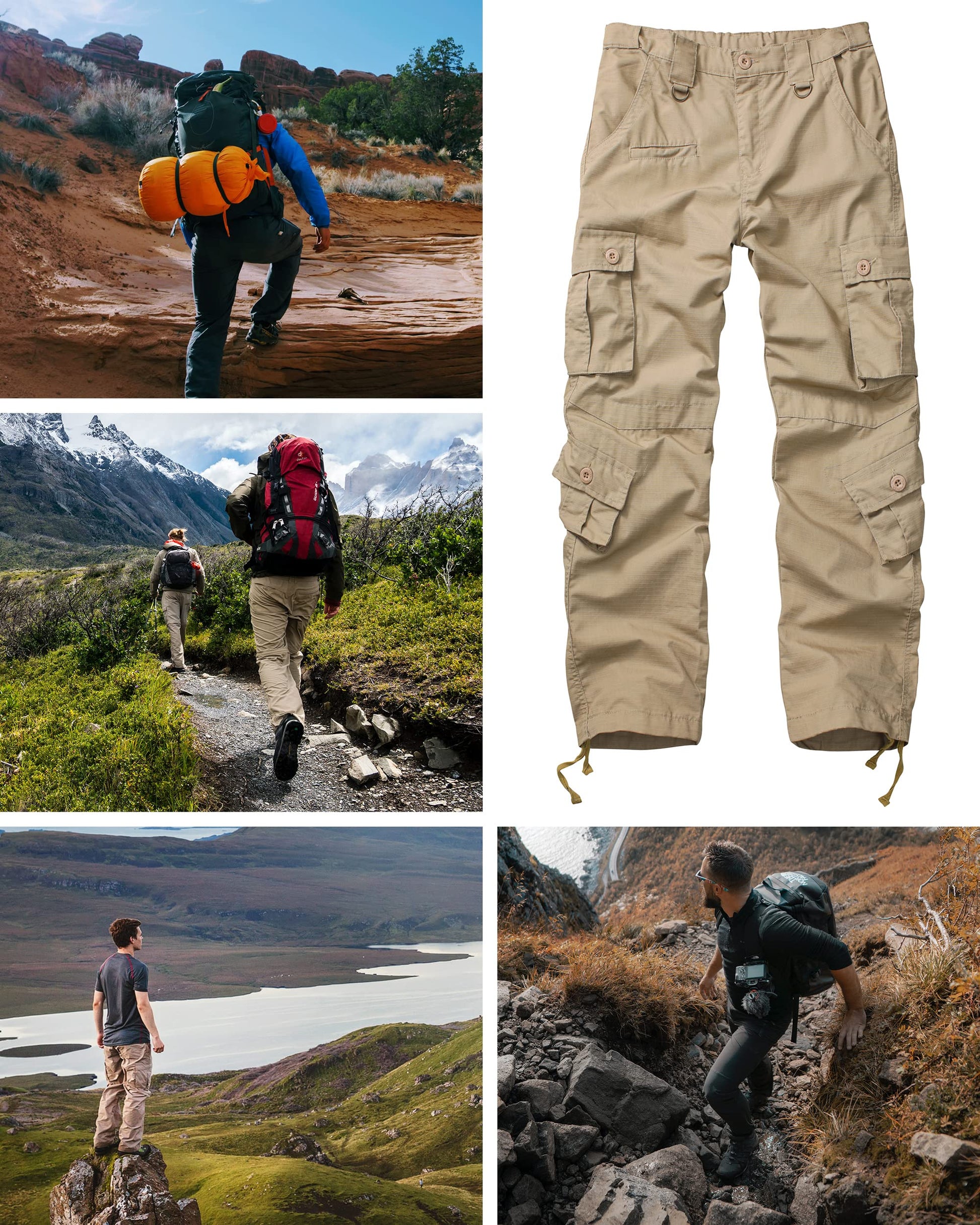 Men's Outdoor Hiking Pants, Elastic Waist Cargo Pants for Men Casual Work Ripstop Tactical Pants with 9 Pockets