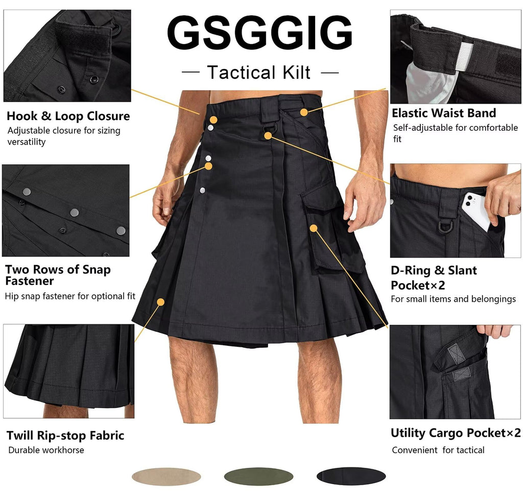 Men's Camo Scottish Outdoor Utility Kilt - 23" Length Pleated Tactical Irish Hybrid Kilt With Pockets