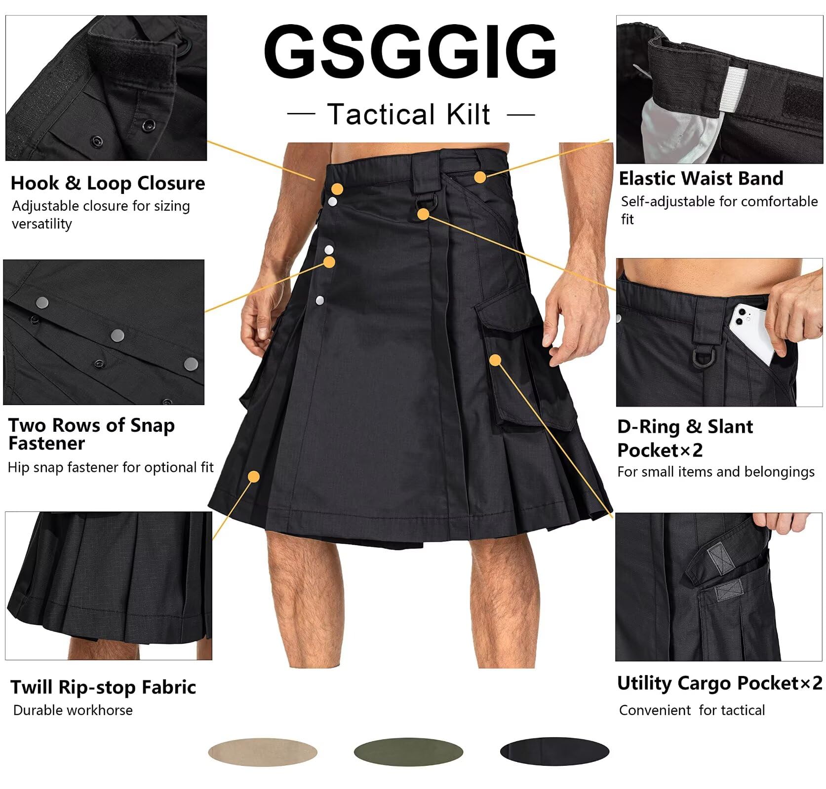Men's Camo Scottish Outdoor Utility Kilt - 23" Length Pleated Tactical Irish Hybrid Kilt With Pockets