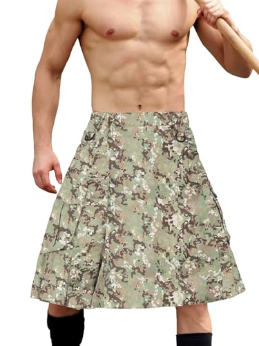 Men's Camo Scottish Outdoor Utility Kilt - 23" Length Pleated Tactical Irish Hybrid Kilt With Pockets