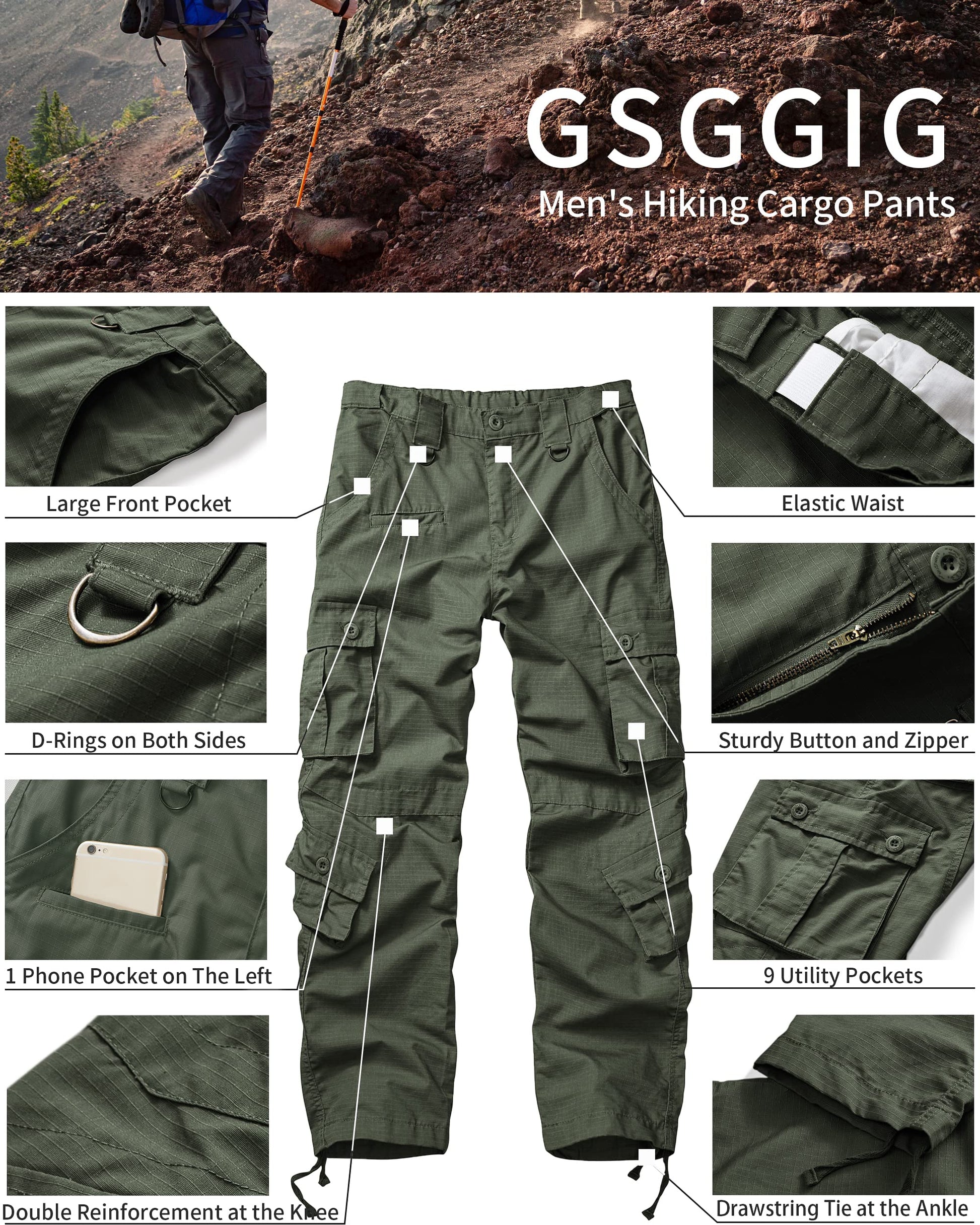 Men's Outdoor Hiking Pants, Elastic Waist Cargo Pants for Men Casual Work Ripstop Tactical Pants with 9 Pockets
