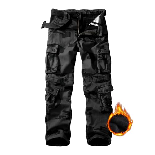 Men's Fleece Lined Hiking Pants, Winter Camo Cargo Pants Army Casual Work Ski Pants for Men with 8 Pockets No Belt