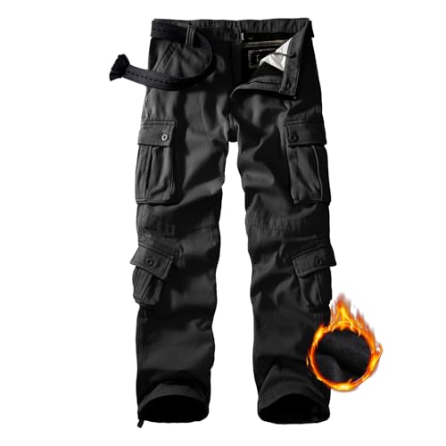 Men's Fleece Lined Hiking Pants, Winter Camo Cargo Pants Army Casual Work Ski Pants for Men with 8 Pockets No Belt