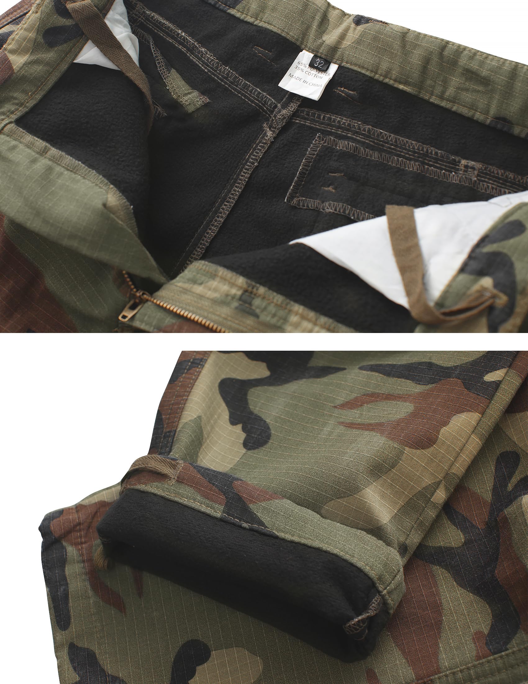 Men's Fleece Lined Camo Hiking Tactical Ripstop Pants Winter Outdoor Work Cargo Pants with 8Pockets No Belt
