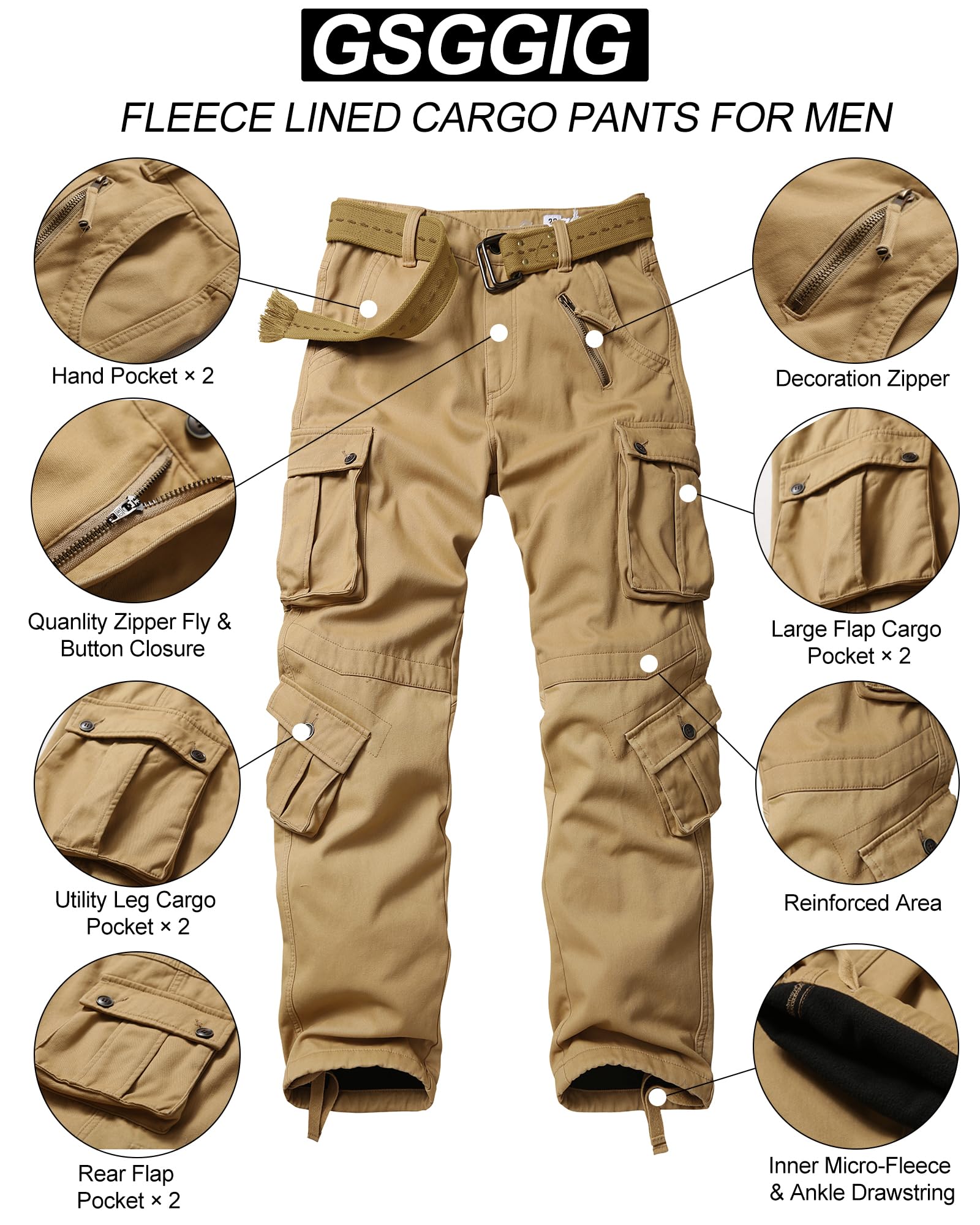 Men's Fleece Lined Hiking Pants, Winter Camo Cargo Pants Army Casual Work Ski Pants for Men with 8 Pockets No Belt