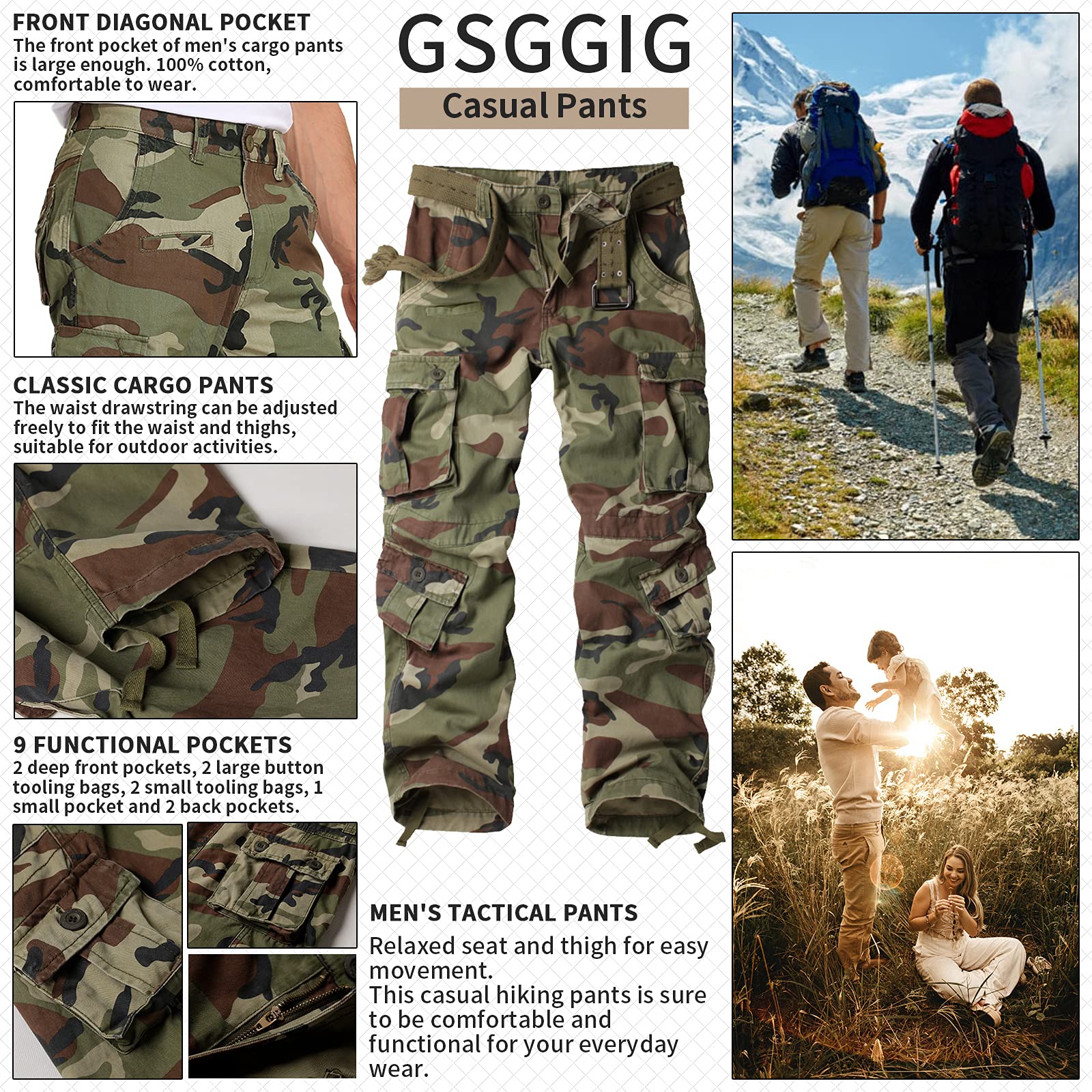 Men's Cargo Pants, Casual Outdoor Camo Pants, Relaxed Fit Work Pants with Multi Pockets