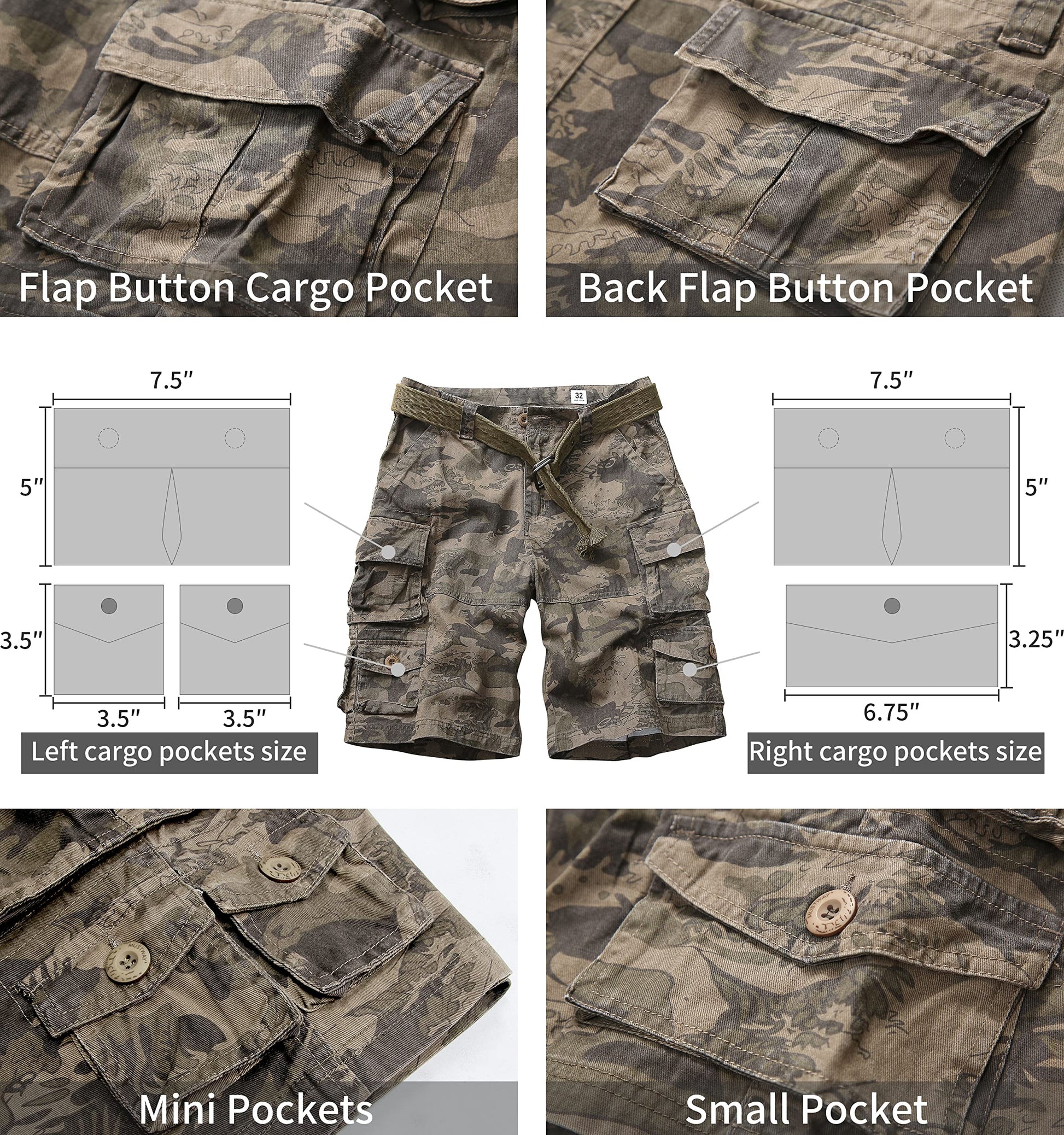 Cargo Short for Men Relaxed Fit Camo Outdoor Hiking Work Cotton Casual Shorts with 9 Pockets No Belt