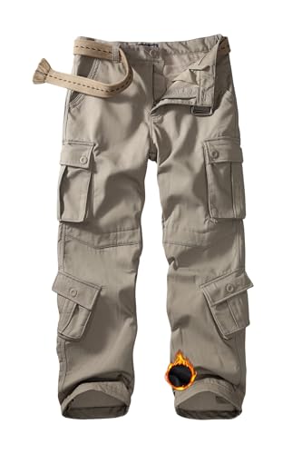 Men's Fleece Lined Camo Hiking Tactical Ripstop Pants Winter Outdoor Work Cargo Pants with 8Pockets No Belt