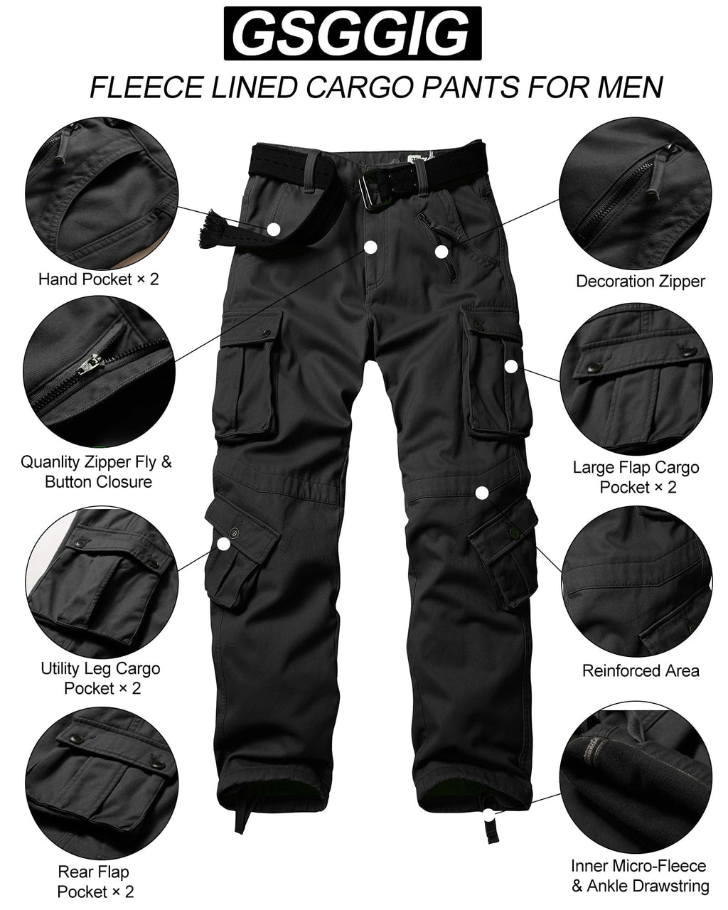 Men's Fleece Lined Hiking Pants, Winter Camo Cargo Pants Army Casual Work Ski Pants for Men with 8 Pockets No Belt