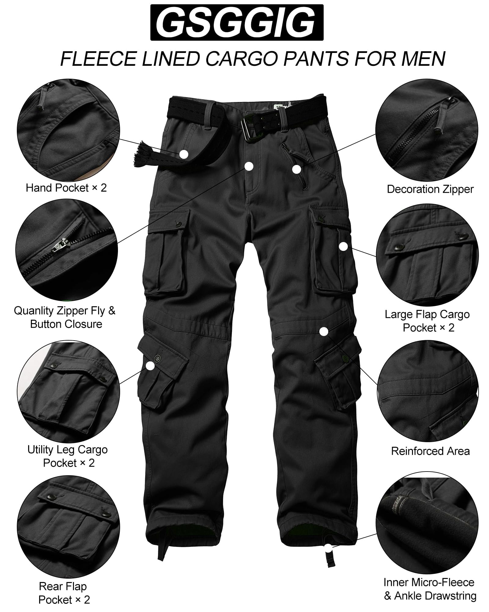 Men's Fleece Lined Hiking Pants, Winter Camo Cargo Pants Army Casual Work Ski Pants for Men with 8 Pockets No Belt