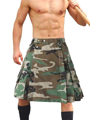 Men's Camo Scottish Outdoor Utility Kilt - 23" Length Pleated Tactical Irish Hybrid Kilt With Pockets