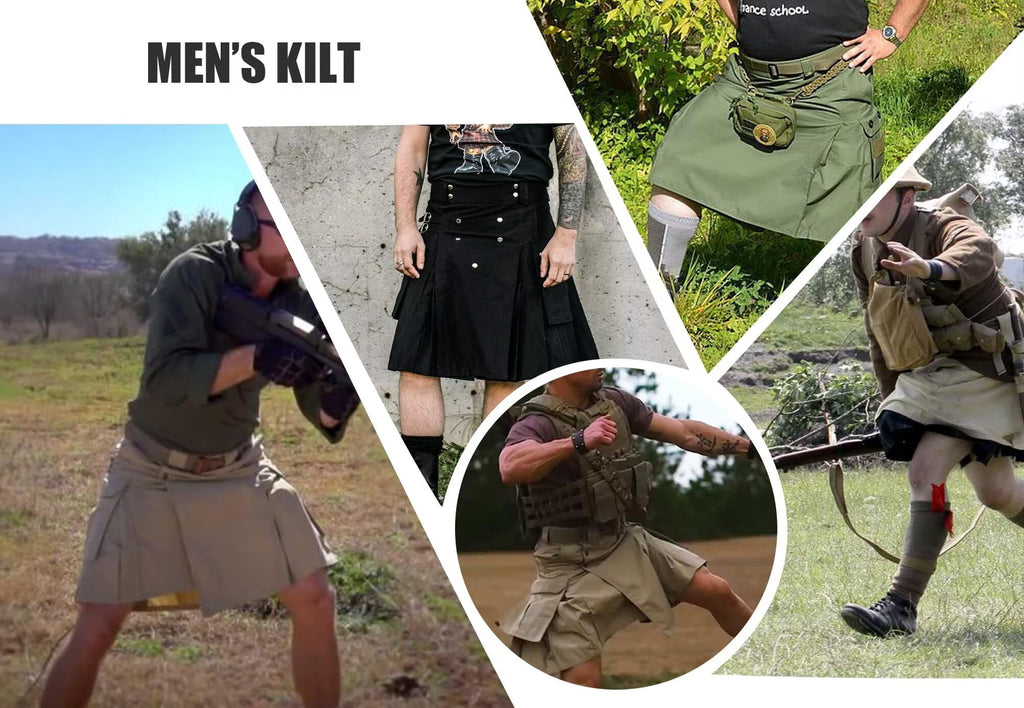 Men's Camo Scottish Outdoor Utility Kilt - 23" Length Pleated Tactical Irish Hybrid Kilt With Pockets