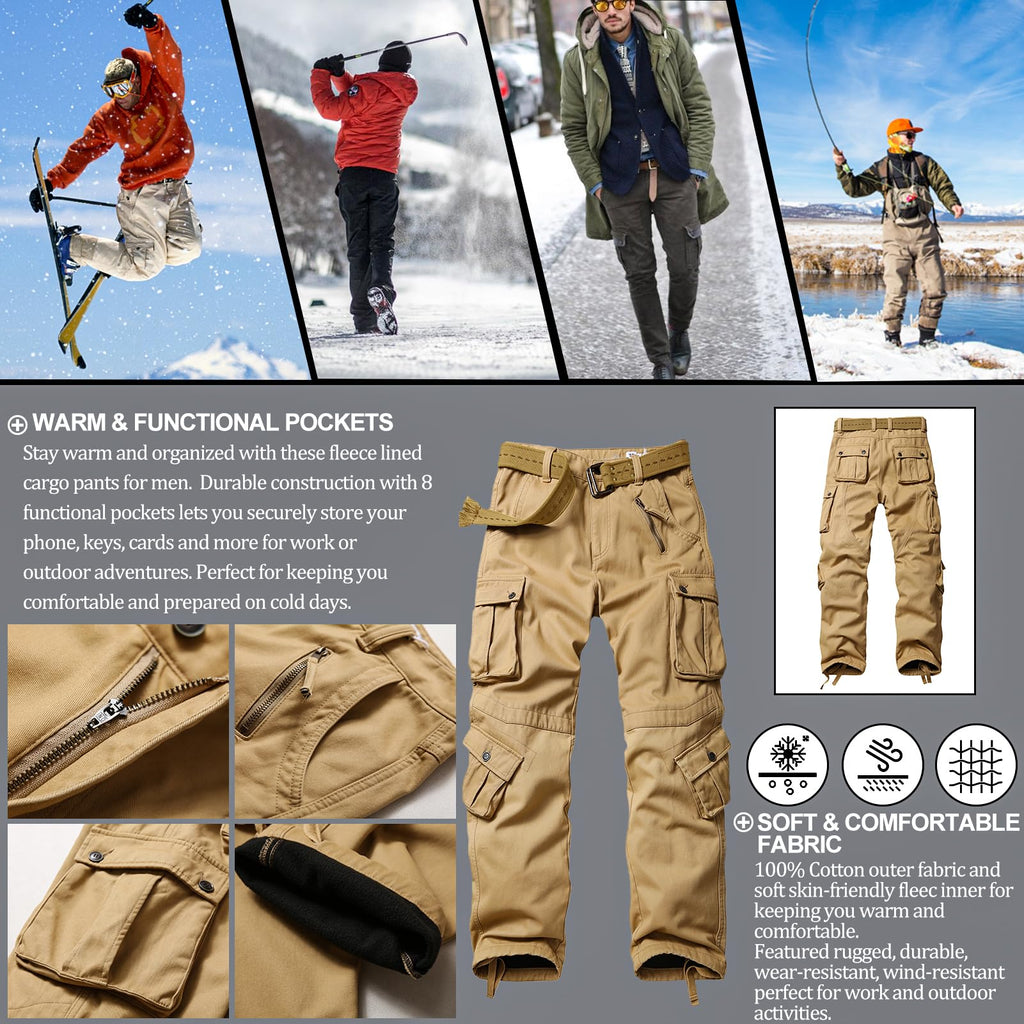 Men's Fleece Lined Hiking Pants, Winter Camo Cargo Pants Army Casual Work Ski Pants for Men with 8 Pockets No Belt