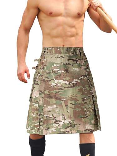Men's Camo Scottish Outdoor Utility Kilt - 23" Length Pleated Tactical Irish Hybrid Kilt With Pockets