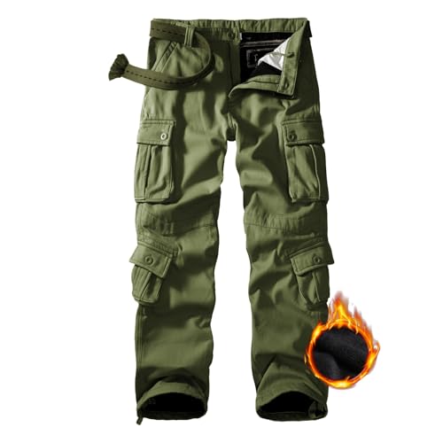 Men's Fleece Lined Hiking Pants, Winter Camo Cargo Pants Army Casual Work Ski Pants for Men with 8 Pockets No Belt