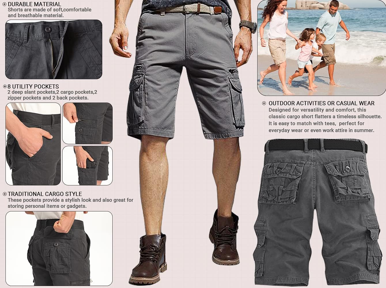 Men's Cargo Shorts Relaxed Fit, Cotton Twill Work Shorts, Outdoor Lightweight Casual Shorts for Men with Pockets