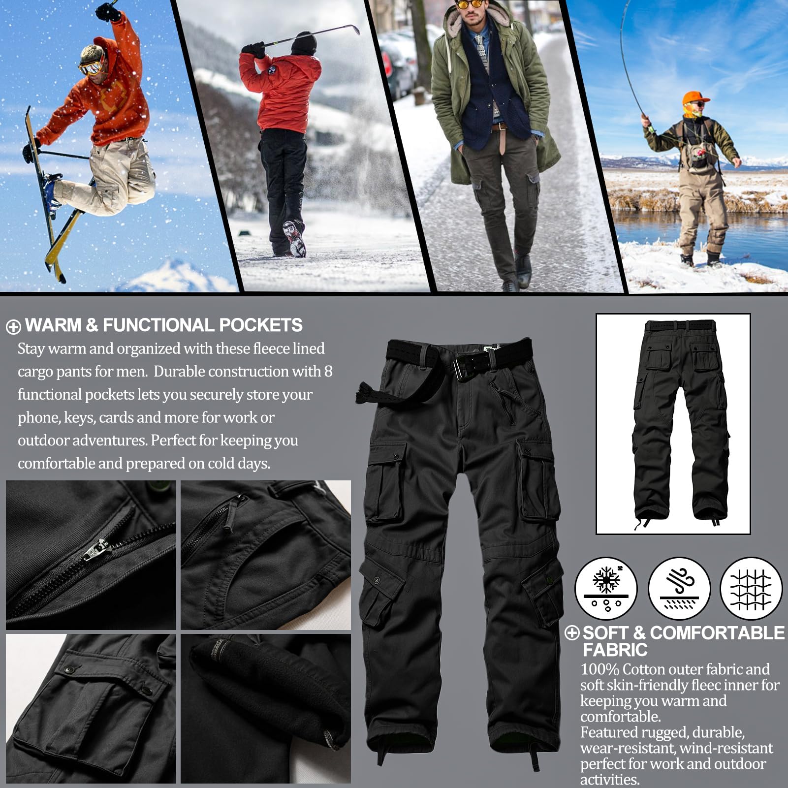 Men's Fleece Lined Hiking Pants, Winter Camo Cargo Pants Army Casual Work Ski Pants for Men with 8 Pockets No Belt