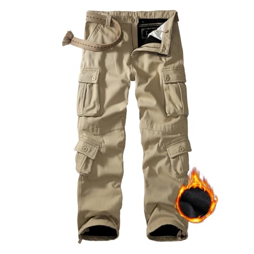 Men's Fleece Lined Hiking Pants, Winter Camo Cargo Pants Army Casual Work Ski Pants for Men with 8 Pockets No Belt
