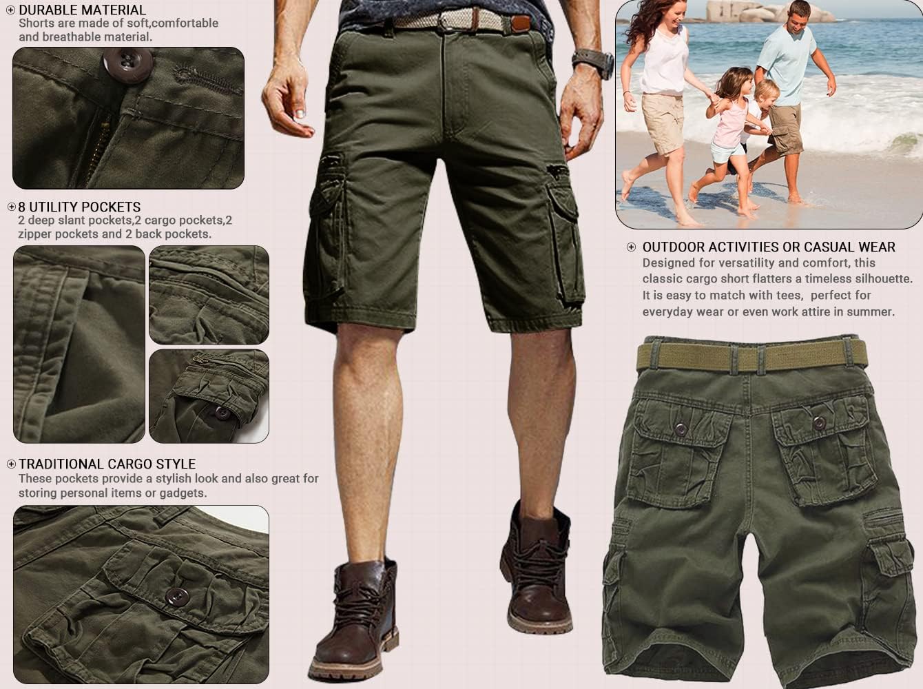 Men's Cargo Shorts Relaxed Fit, Cotton Twill Work Shorts, Outdoor Lightweight Casual Shorts for Men with Pockets