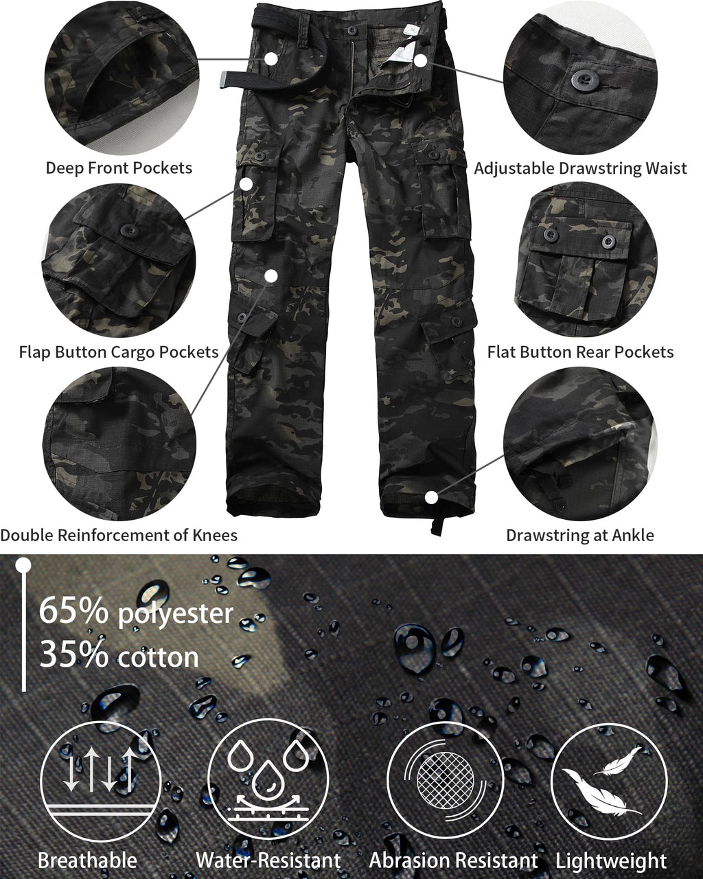 Men's Outdoor Hiking Pants, Tactical Pants Lightweight Casual Work Ripstop Cargo Pants for Men with Pockets