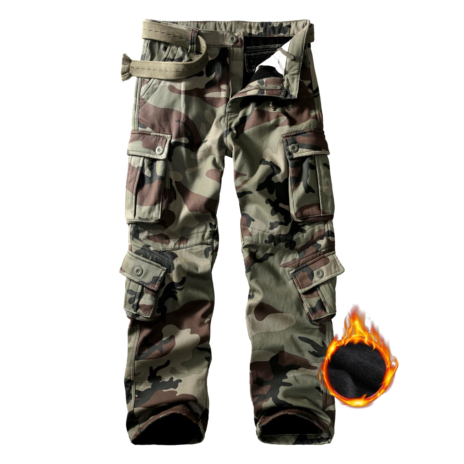 Men's Fleece Lined Hiking Pants, Winter Camo Cargo Pants Army Casual Work Ski Pants for Men with 8 Pockets No Belt