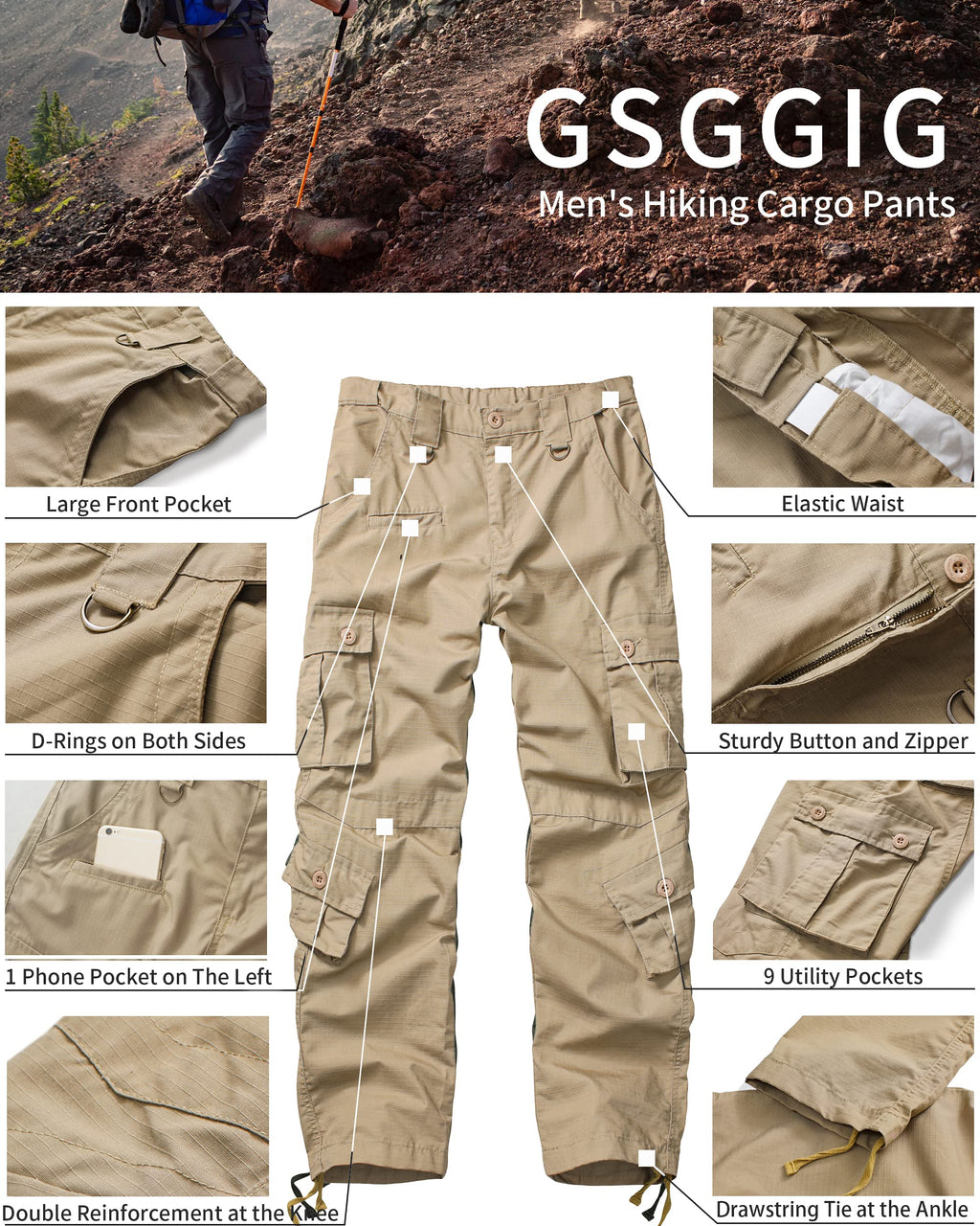 Men's Outdoor Hiking Pants, Elastic Waist Cargo Pants for Men Casual Work Ripstop Tactical Pants with 9 Pockets