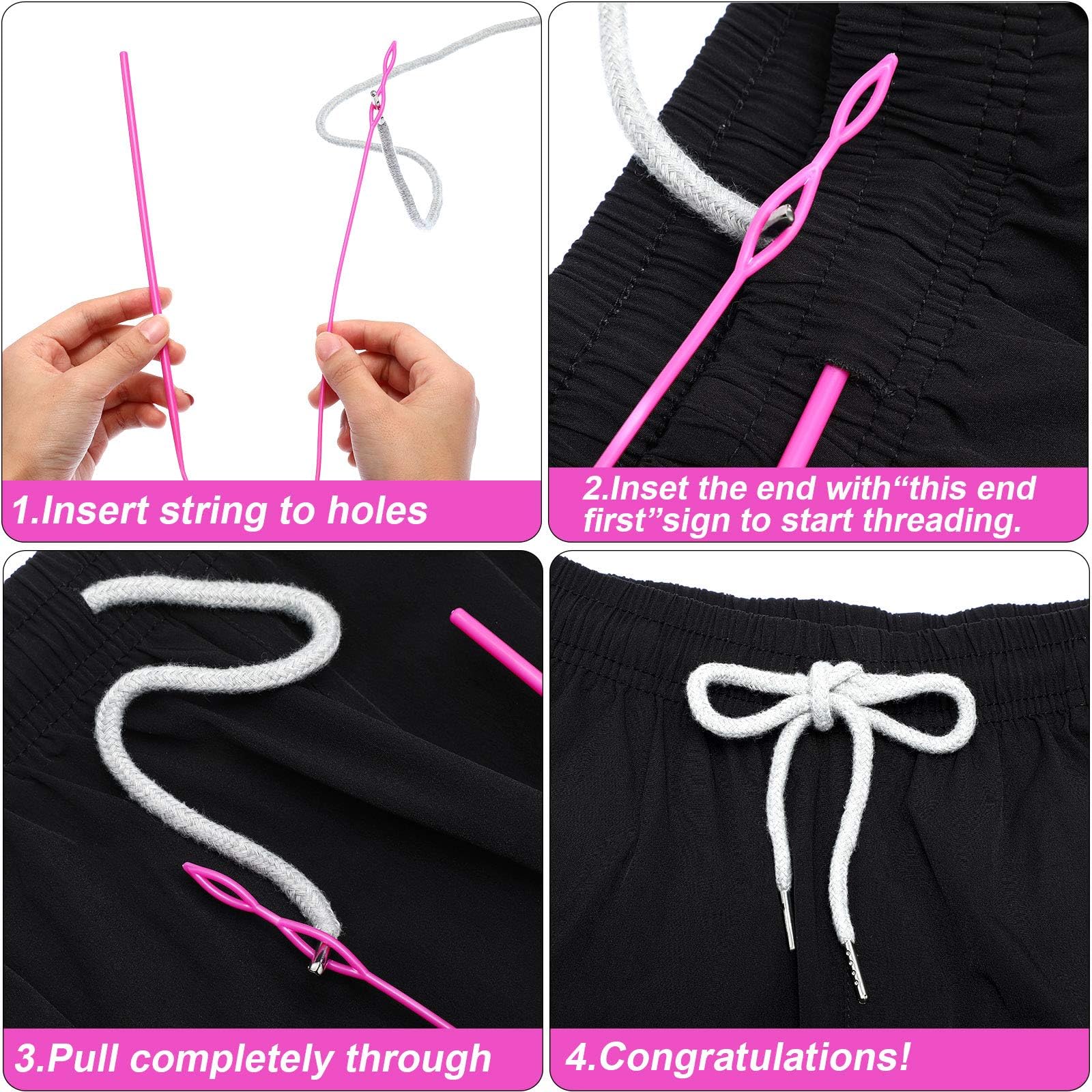 Drawstring Cords Replacement Drawstrings with Easy Threader for Sweatpants Shorts Pants Jackets Coats (Black, White)