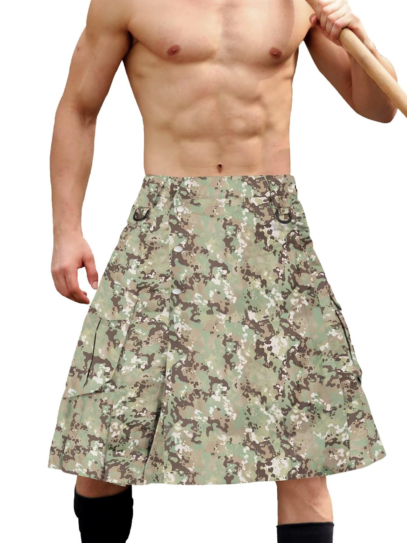Men's Camo Scottish Outdoor Utility Kilt - 23" Length Pleated Tactical Irish Hybrid Kilt With Pockets