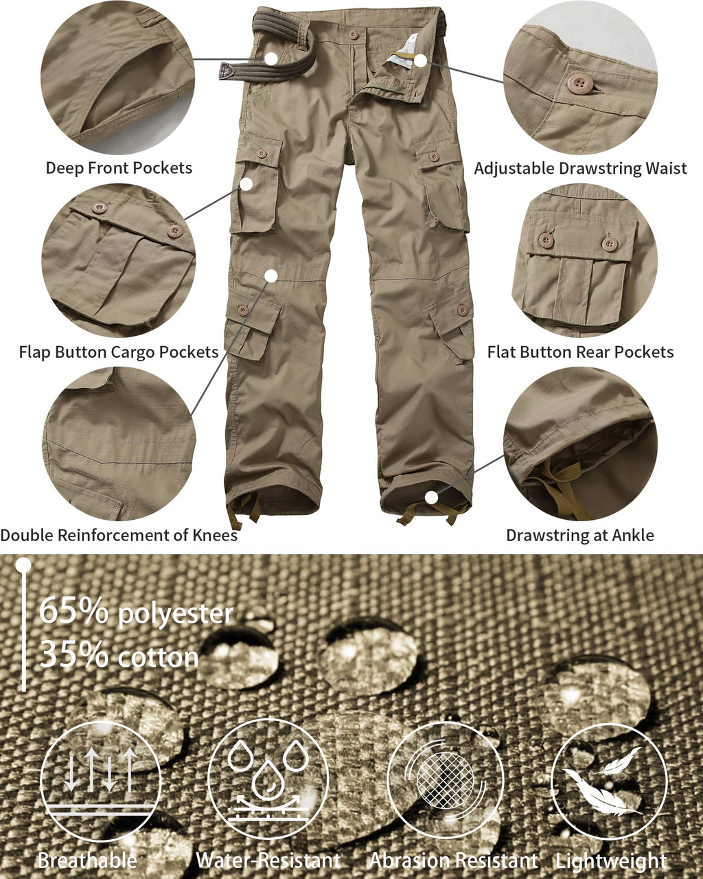 Men's Outdoor Hiking Pants, Tactical Pants Lightweight Casual Work Ripstop Cargo Pants for Men with Pockets