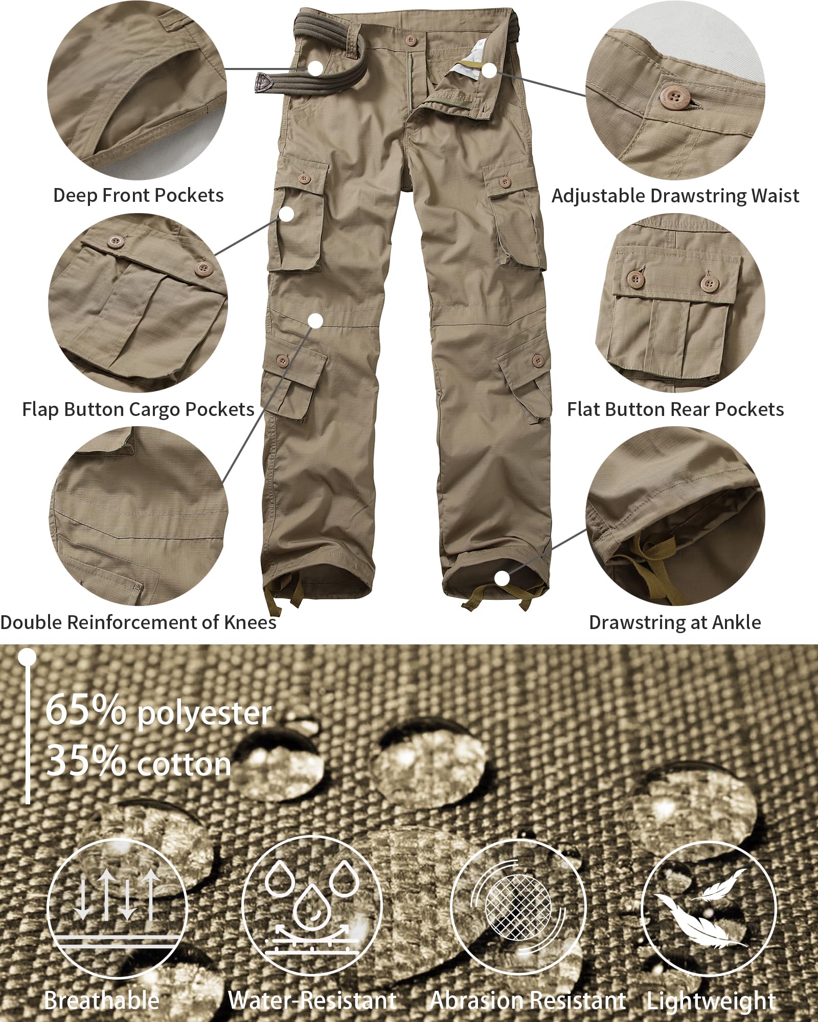 Men's Outdoor Hiking Pants, Tactical Pants Lightweight Casual Work Ripstop Cargo Pants for Men with Pockets