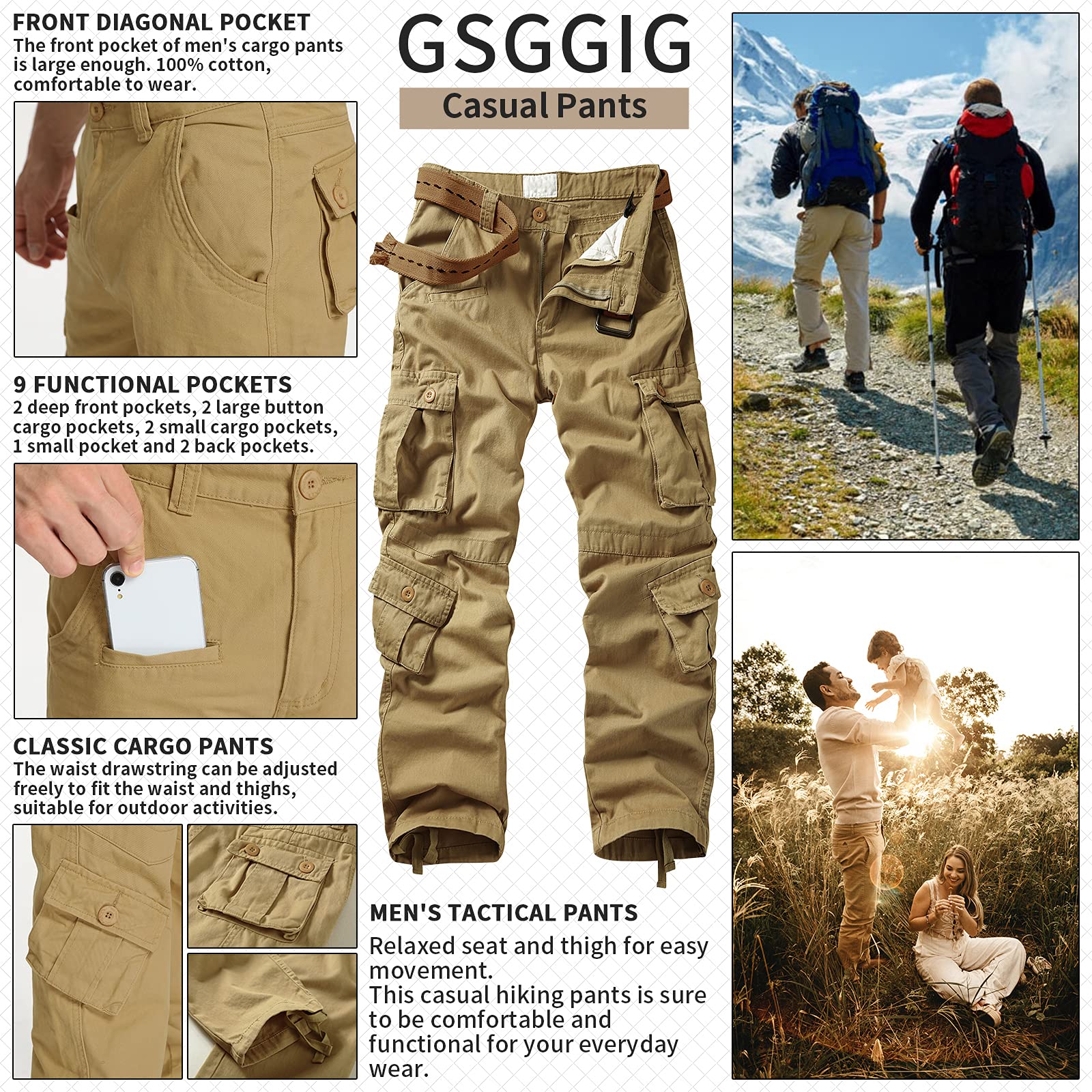 Men's Cargo Pants, Casual Outdoor Camo Pants, Relaxed Fit Work Pants with Multi Pockets