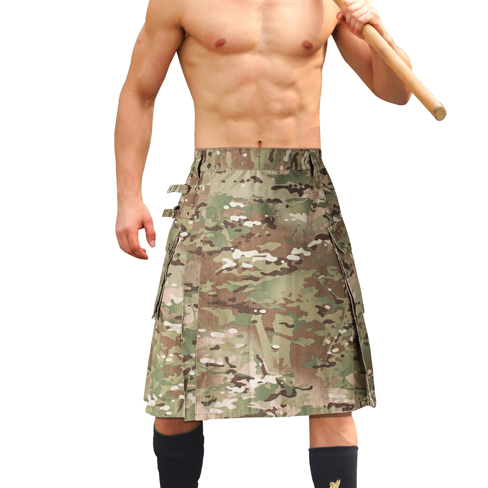 Men's Camo Scottish Outdoor Utility Kilt - 23" Length Pleated Tactical Irish Hybrid Kilt With Pockets