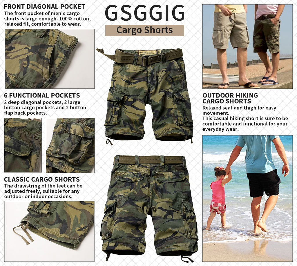 Mens Cargo Shorts Relaxed Fit Camo Casual Shorts Multi-Pocket Work Shorts with Pockets 11" Inseam