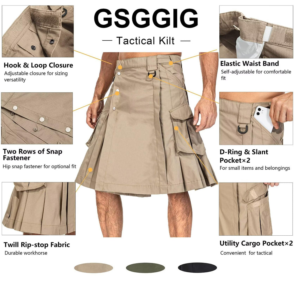 Men's Camo Scottish Outdoor Utility Kilt - 23" Length Pleated Tactical Irish Hybrid Kilt With Pockets