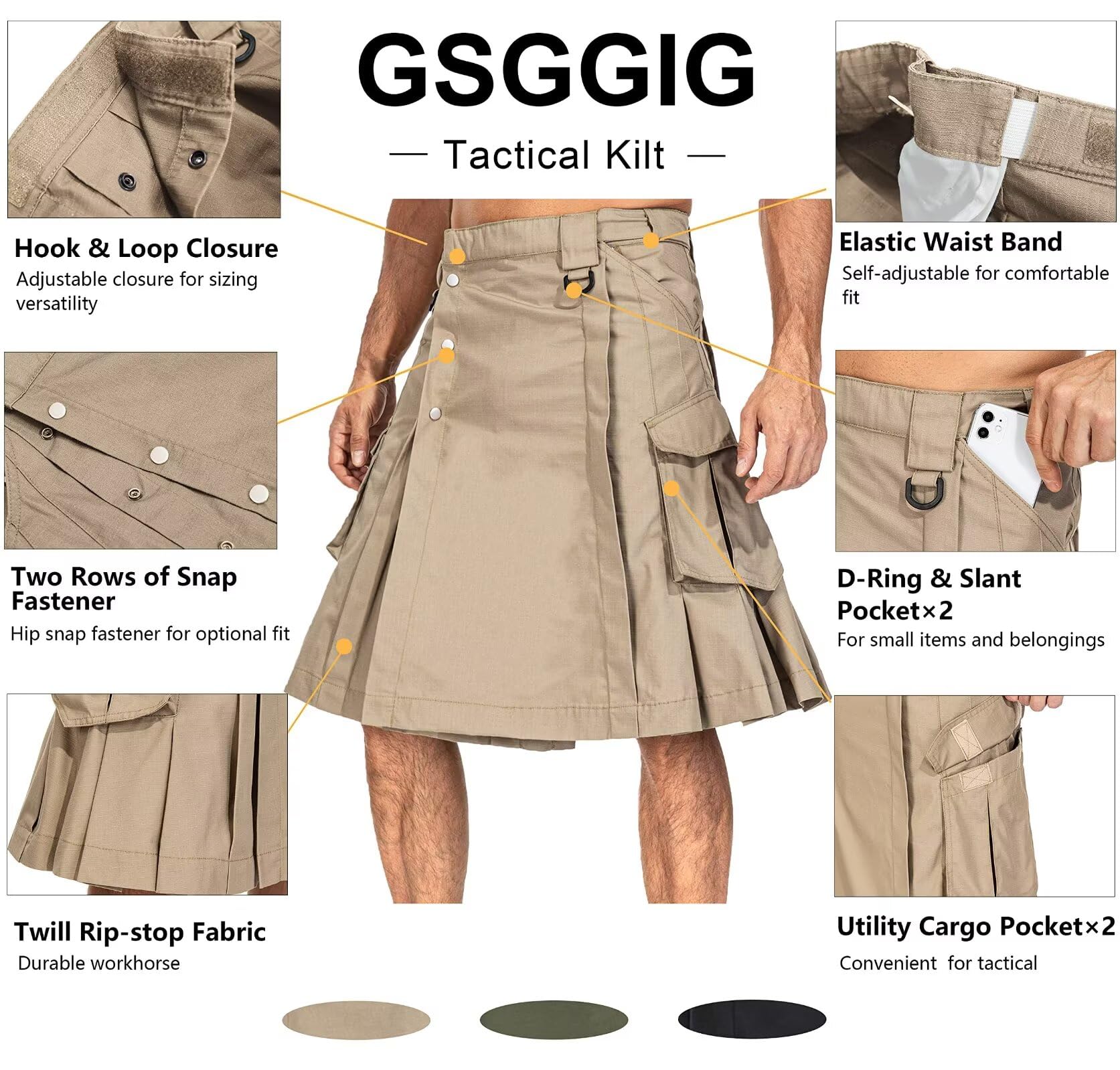 Men's Camo Scottish Outdoor Utility Kilt - 23" Length Pleated Tactical Irish Hybrid Kilt With Pockets