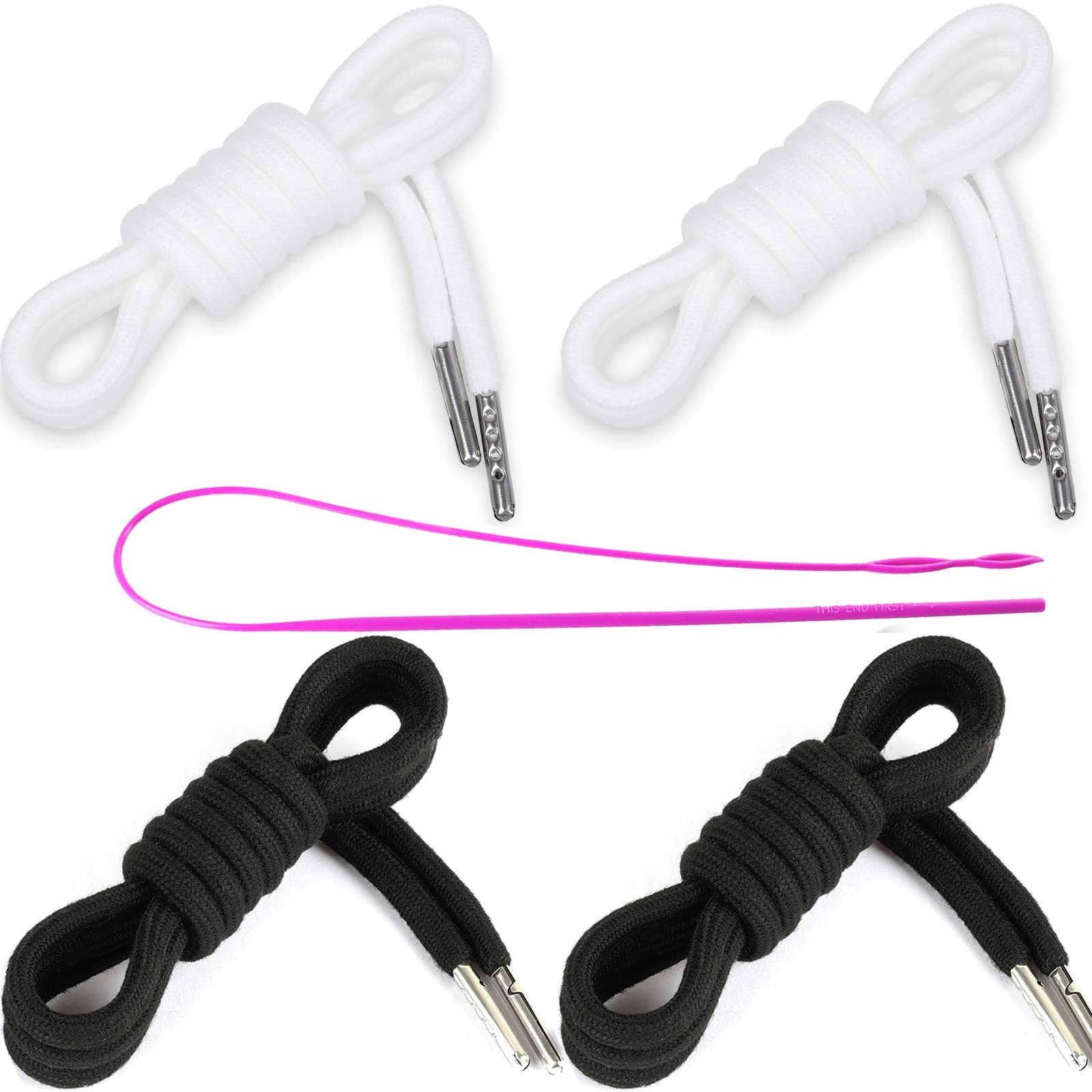 4 Pieces 53 Inches Drawstring Cords Replacement Drawstrings with Easy Threader for Sweatpants Shorts Pants Hoodies (Black, White)
