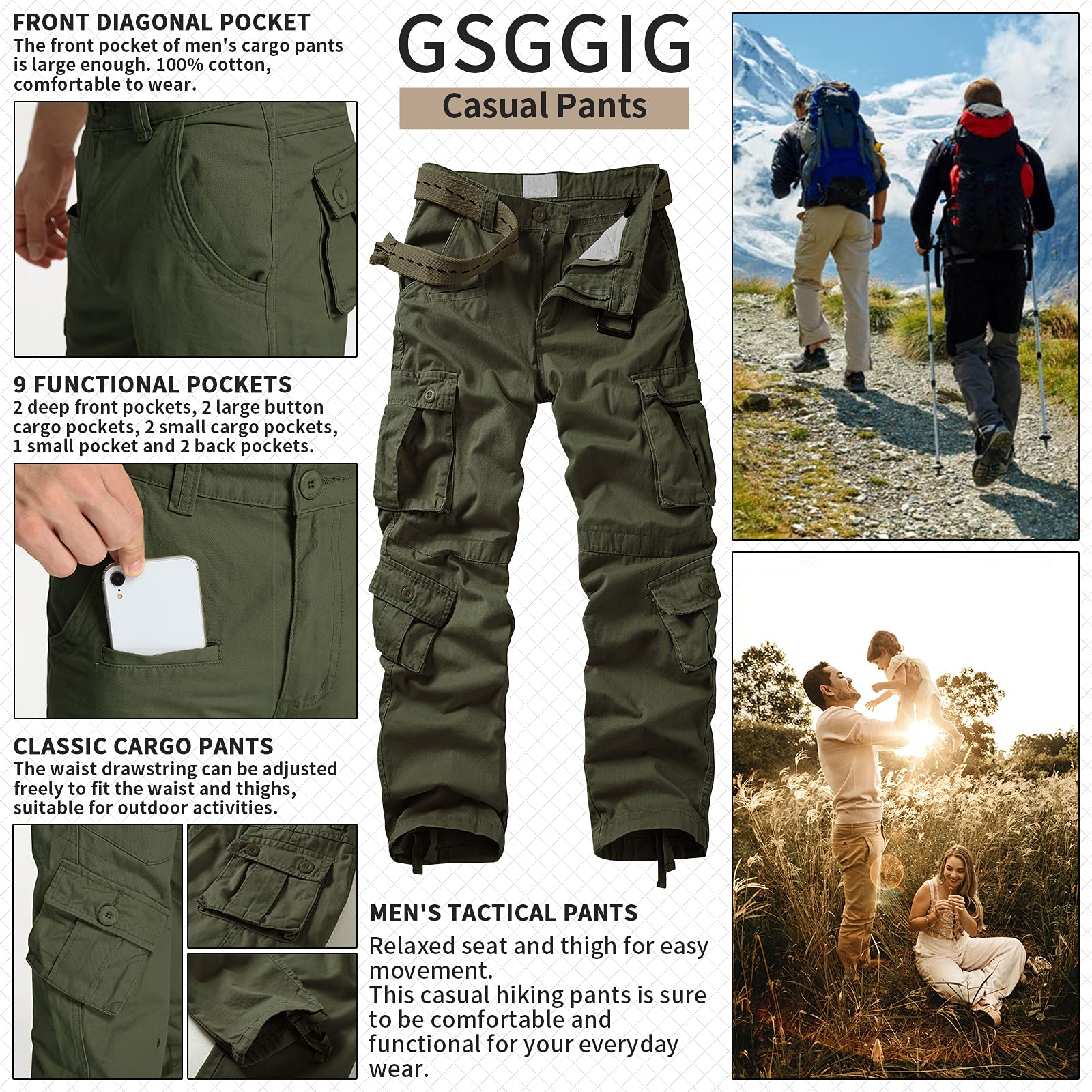 Men's Cargo Pants, Casual Outdoor Camo Pants, Relaxed Fit Work Pants with Multi Pockets