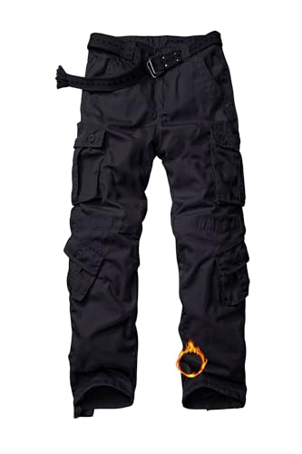 Men's Fleece Lined Camo Hiking Tactical Ripstop Pants Winter Outdoor Work Cargo Pants with 8Pockets No Belt
