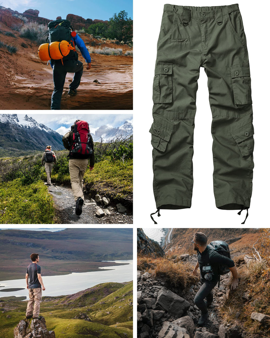 Men's Outdoor Hiking Pants, Elastic Waist Cargo Pants for Men Casual Work Ripstop Tactical Pants with 9 Pockets