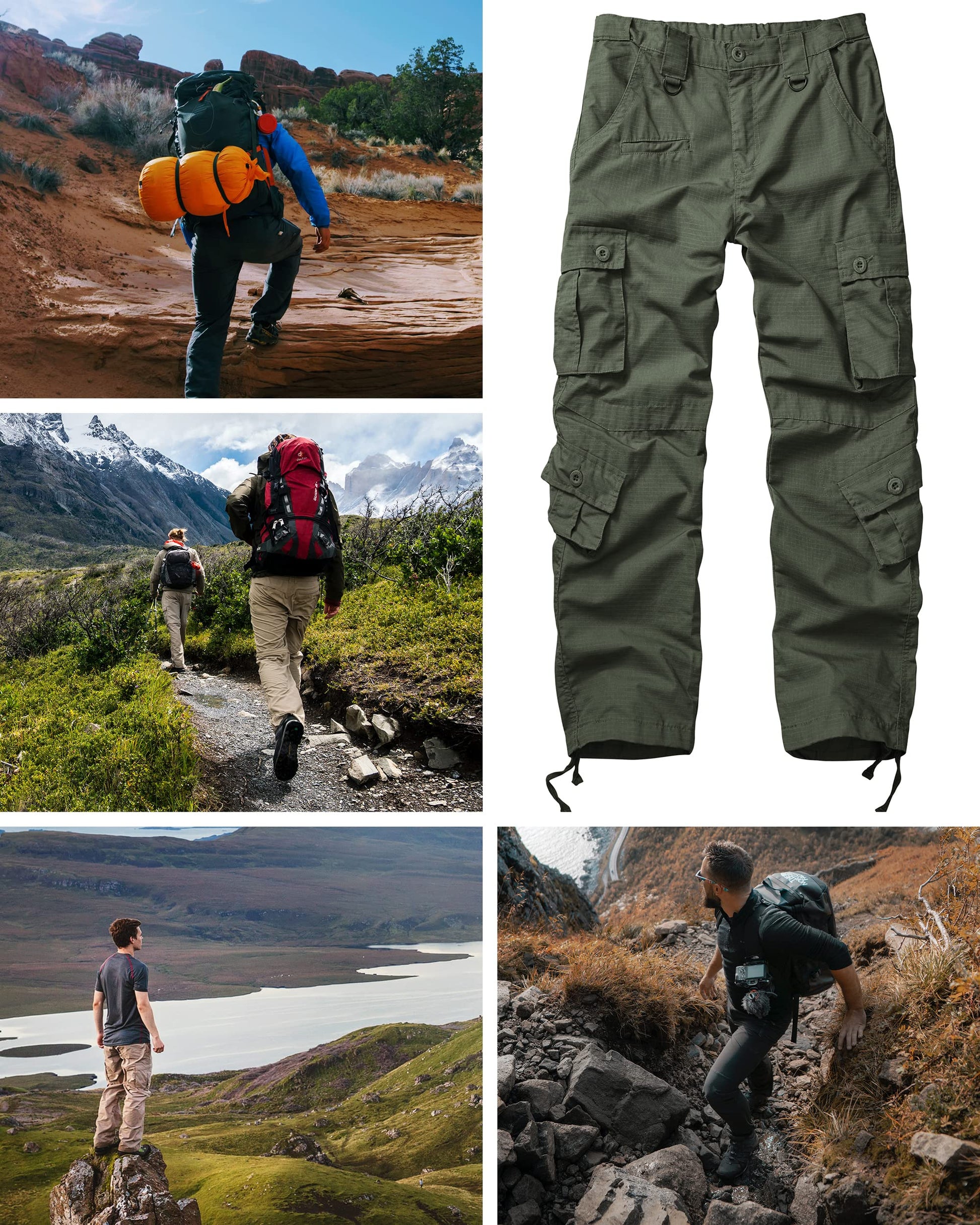 Men's Outdoor Hiking Pants, Elastic Waist Cargo Pants for Men Casual Work Ripstop Tactical Pants with 9 Pockets