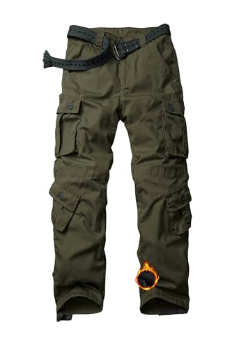 Men's Fleece Lined Camo Hiking Tactical Ripstop Pants Winter Outdoor Work Cargo Pants with 8Pockets No Belt